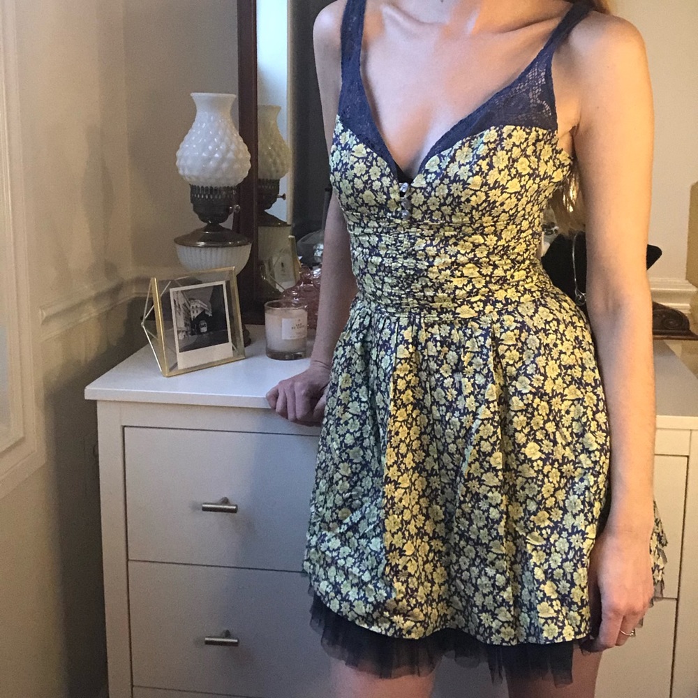 Free People Fit & Flare Floral Green & Navy Dress